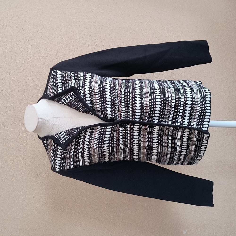 Chico's Black, White and Tan Weave One Button Closure Cardigan Sweater. …